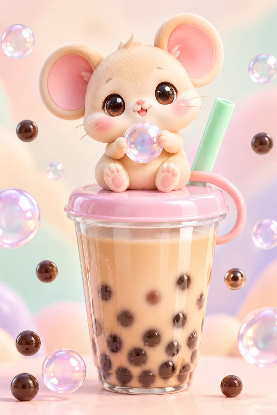 奶茶鼠坐在粉色奶茶杯里