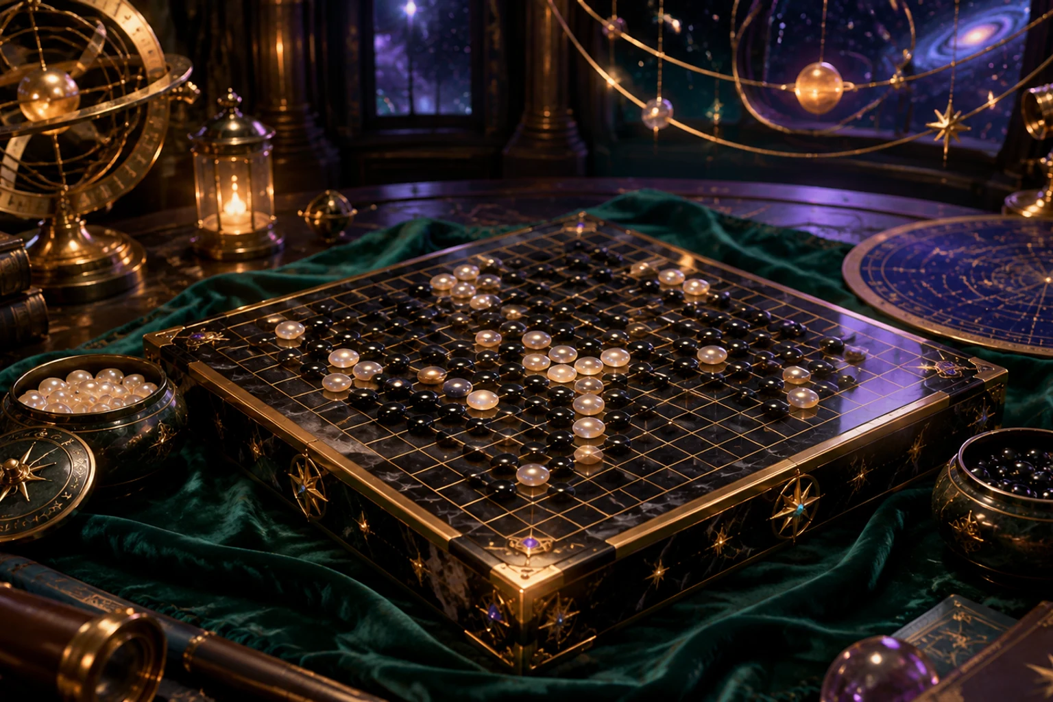 星空观测室里的黄铜五子棋盘与黑白棋子